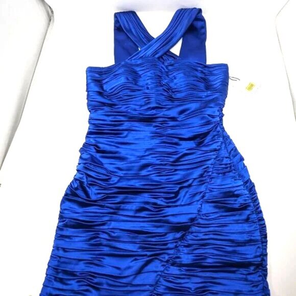 Calvin Klein Bodycon Cocktail Wiggle Dress Sz 10 Royal Blue Satin NWT Ruched - Picture 8 of 13